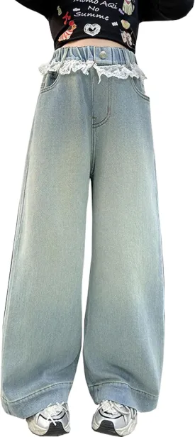 5-14 yrs Kids Girls Jeans Distressed Elastic Waist Baggy Denim Wide Leg Pants Trousers