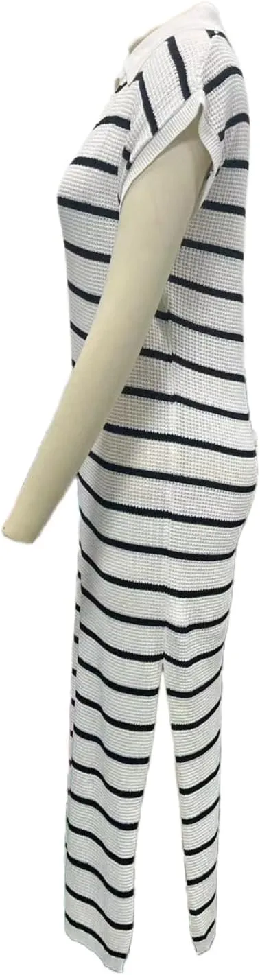 A-Line Short Sleeve Striped Maxi Dress Women's V-Neck Slit Wrap Dress, Casual Shirt Collar Knitted Dress