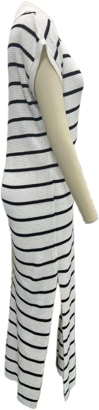 A-Line Short Sleeve Striped Maxi Dress Women's V-Neck Slit Wrap Dress, Casual Shirt Collar Knitted Dress