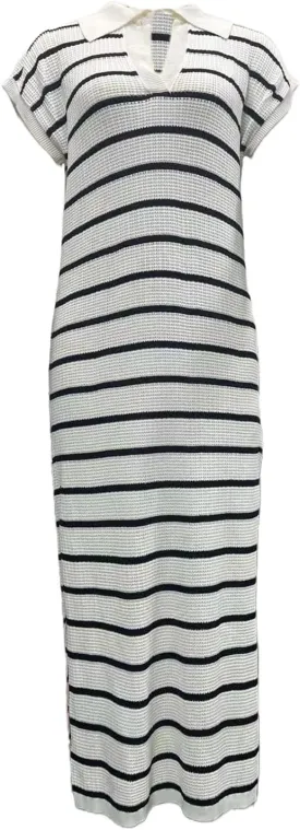 A-Line Short Sleeve Striped Maxi Dress Women's V-Neck Slit Wrap Dress, Casual Shirt Collar Knitted Dress