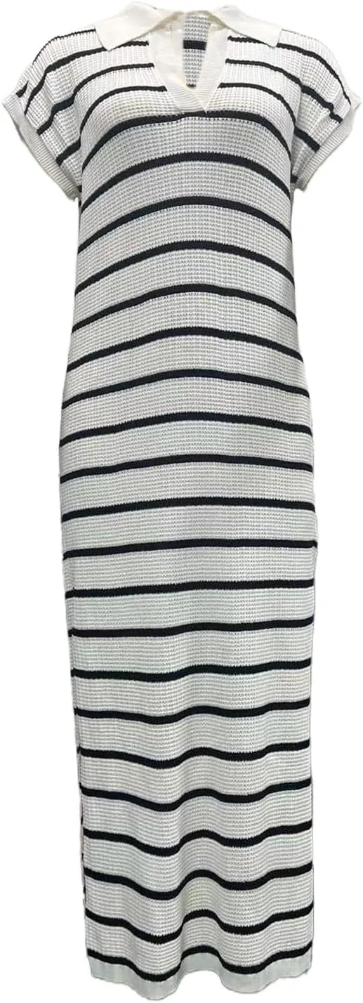 A-Line Short Sleeve Striped Maxi Dress Women's V-Neck Slit Wrap Dress, Casual Shirt Collar Knitted Dress