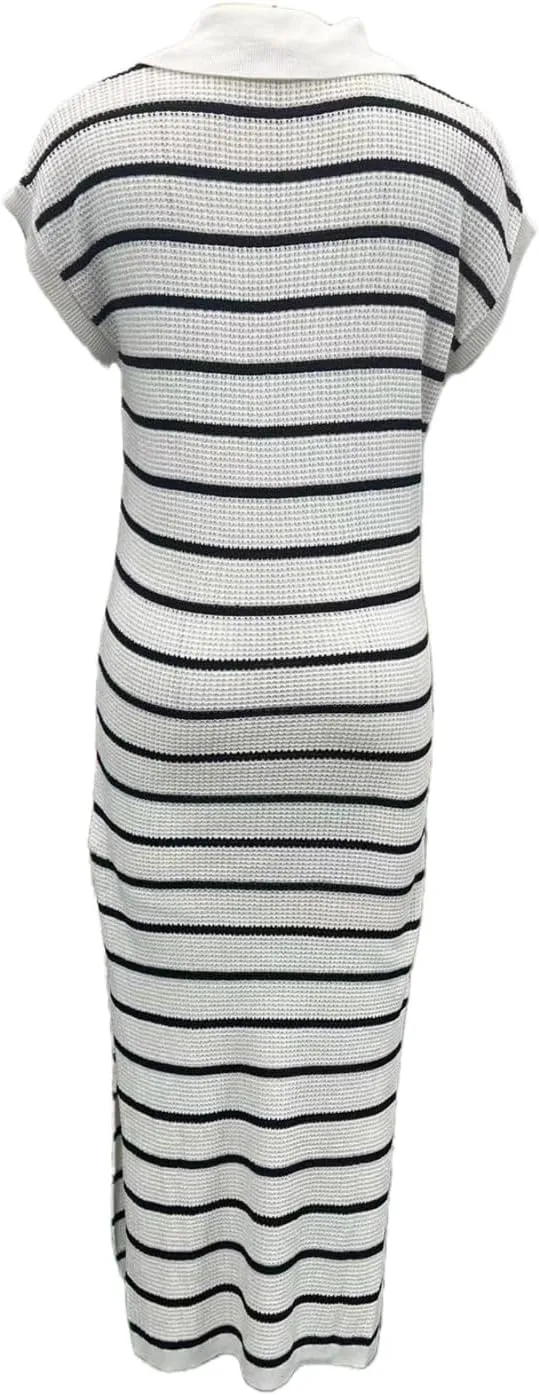 A-Line Short Sleeve Striped Maxi Dress Women's V-Neck Slit Wrap Dress, Casual Shirt Collar Knitted Dress