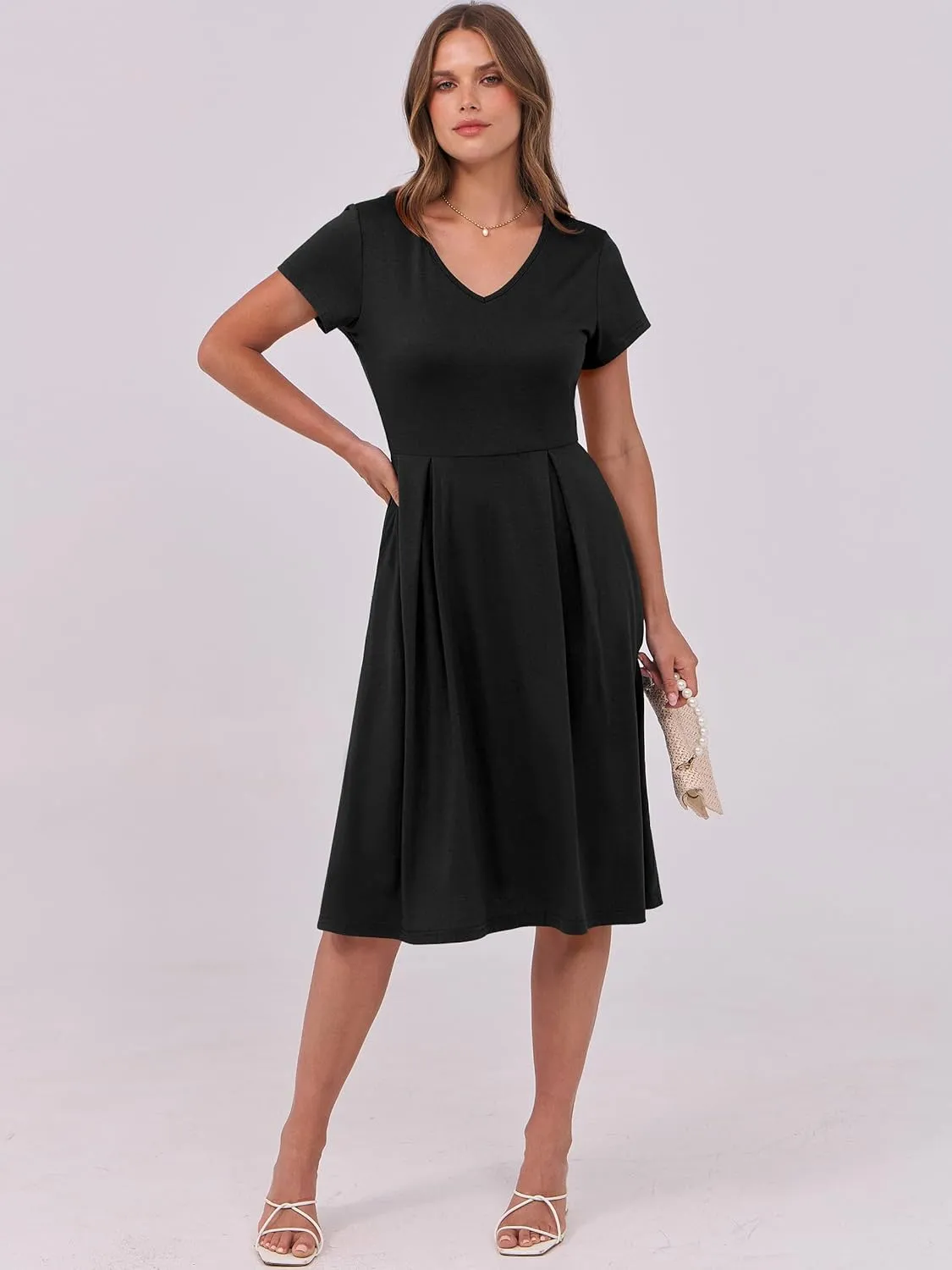 ANRABESS Women Summer Dress Casual Short Sleeve V Neck A-Line Knee Length Pleated Flowy 2025 Fashion Midi Dresses with Pocket