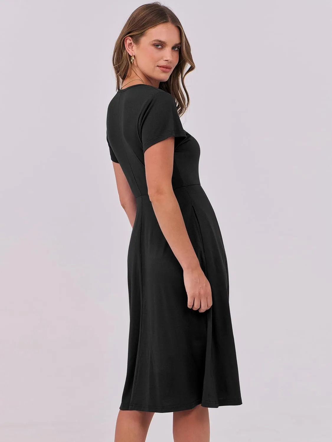 ANRABESS Women Summer Dress Casual Short Sleeve V Neck A-Line Knee Length Pleated Flowy 2025 Fashion Midi Dresses with Pocket