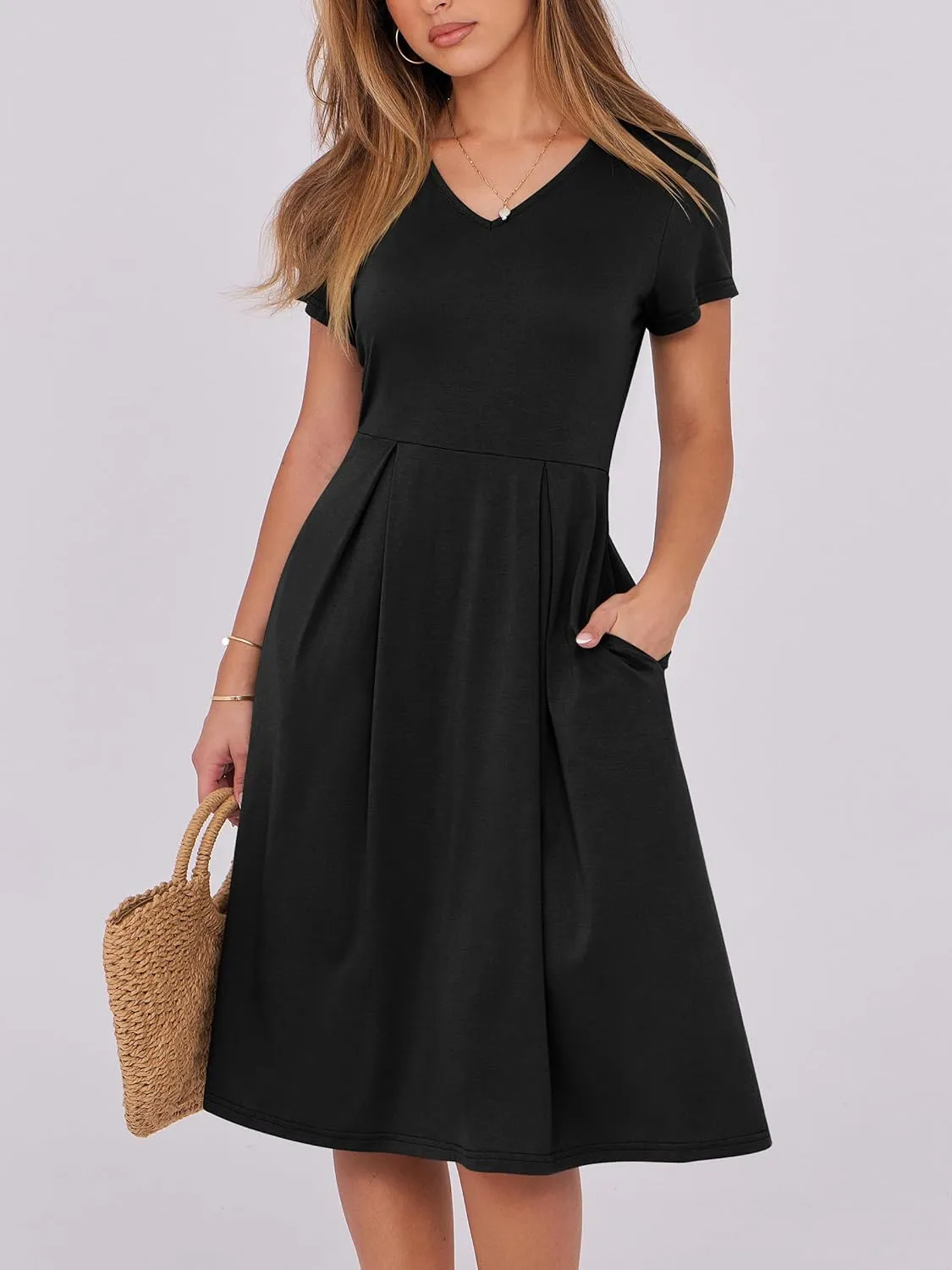 ANRABESS Women Summer Dress Casual Short Sleeve V Neck A-Line Knee Length Pleated Flowy 2025 Fashion Midi Dresses with Pocket