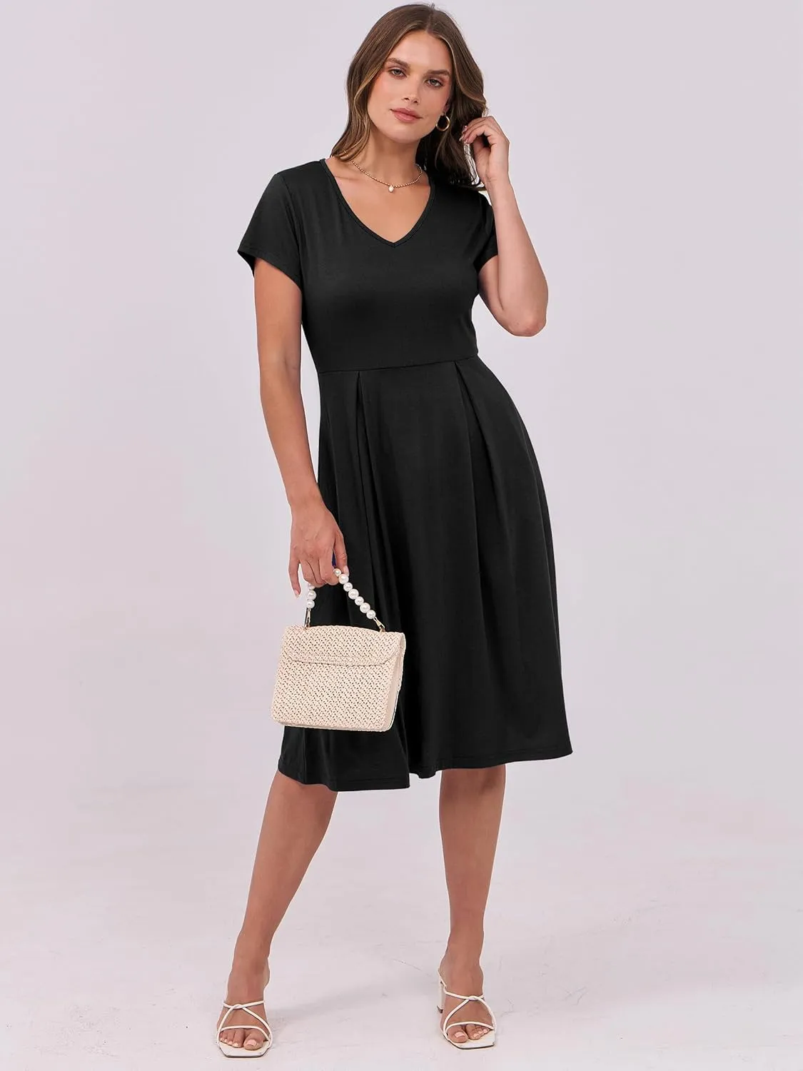 ANRABESS Women Summer Dress Casual Short Sleeve V Neck A-Line Knee Length Pleated Flowy 2025 Fashion Midi Dresses with Pocket