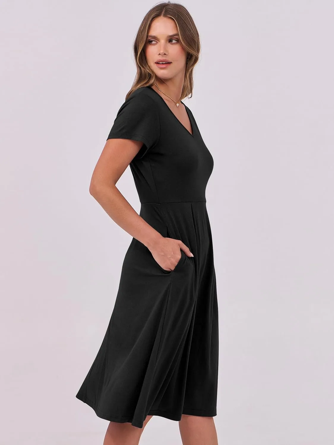 ANRABESS Women Summer Dress Casual Short Sleeve V Neck A-Line Knee Length Pleated Flowy 2025 Fashion Midi Dresses with Pocket