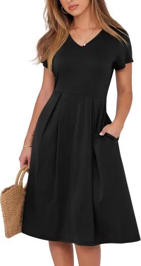 ANRABESS Women Summer Dress Casual Short Sleeve V Neck A-Line Knee Length Pleated Flowy 2025 Fashion Midi Dresses with Pocket