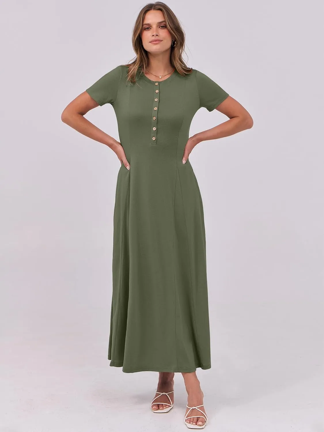ANRABESS Women Summer Maxi Dress 2025 Casual Short Sleeve Button Fit & Flare A-Line Flowy Spring Long Dresses with Pockets