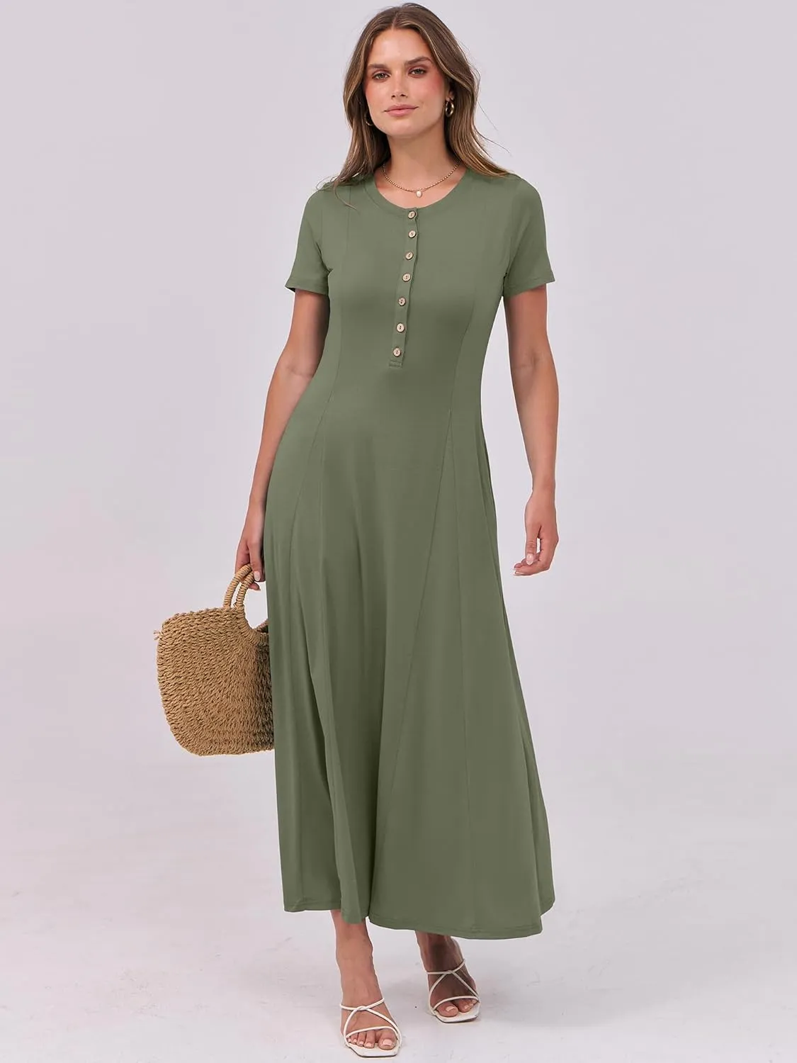 ANRABESS Women Summer Maxi Dress 2025 Casual Short Sleeve Button Fit & Flare A-Line Flowy Spring Long Dresses with Pockets