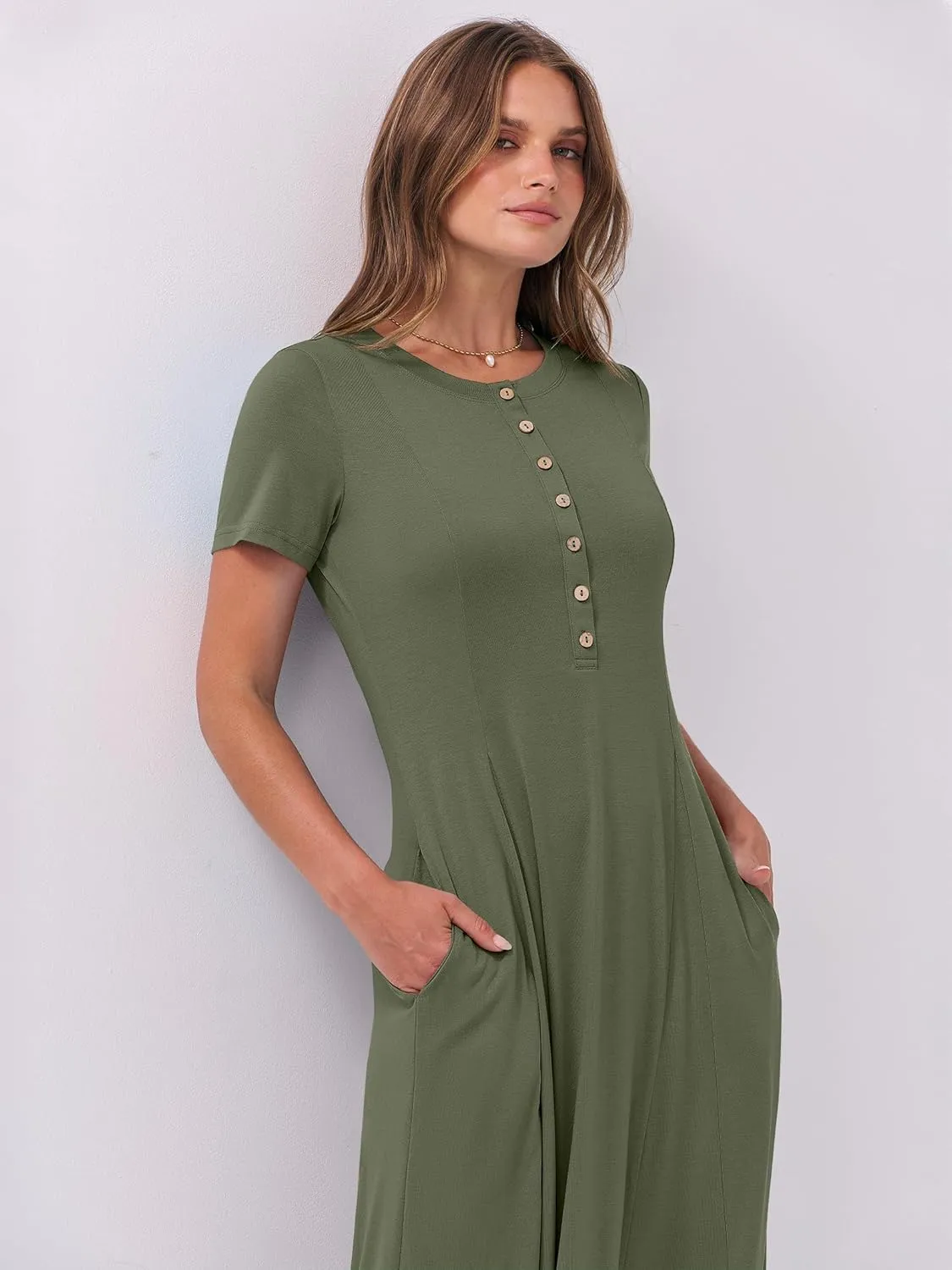 ANRABESS Women Summer Maxi Dress 2025 Casual Short Sleeve Button Fit & Flare A-Line Flowy Spring Long Dresses with Pockets
