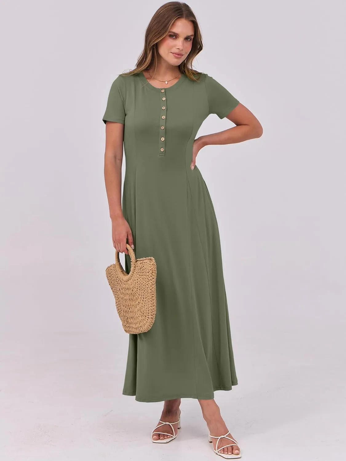 ANRABESS Women Summer Maxi Dress 2025 Casual Short Sleeve Button Fit & Flare A-Line Flowy Spring Long Dresses with Pockets