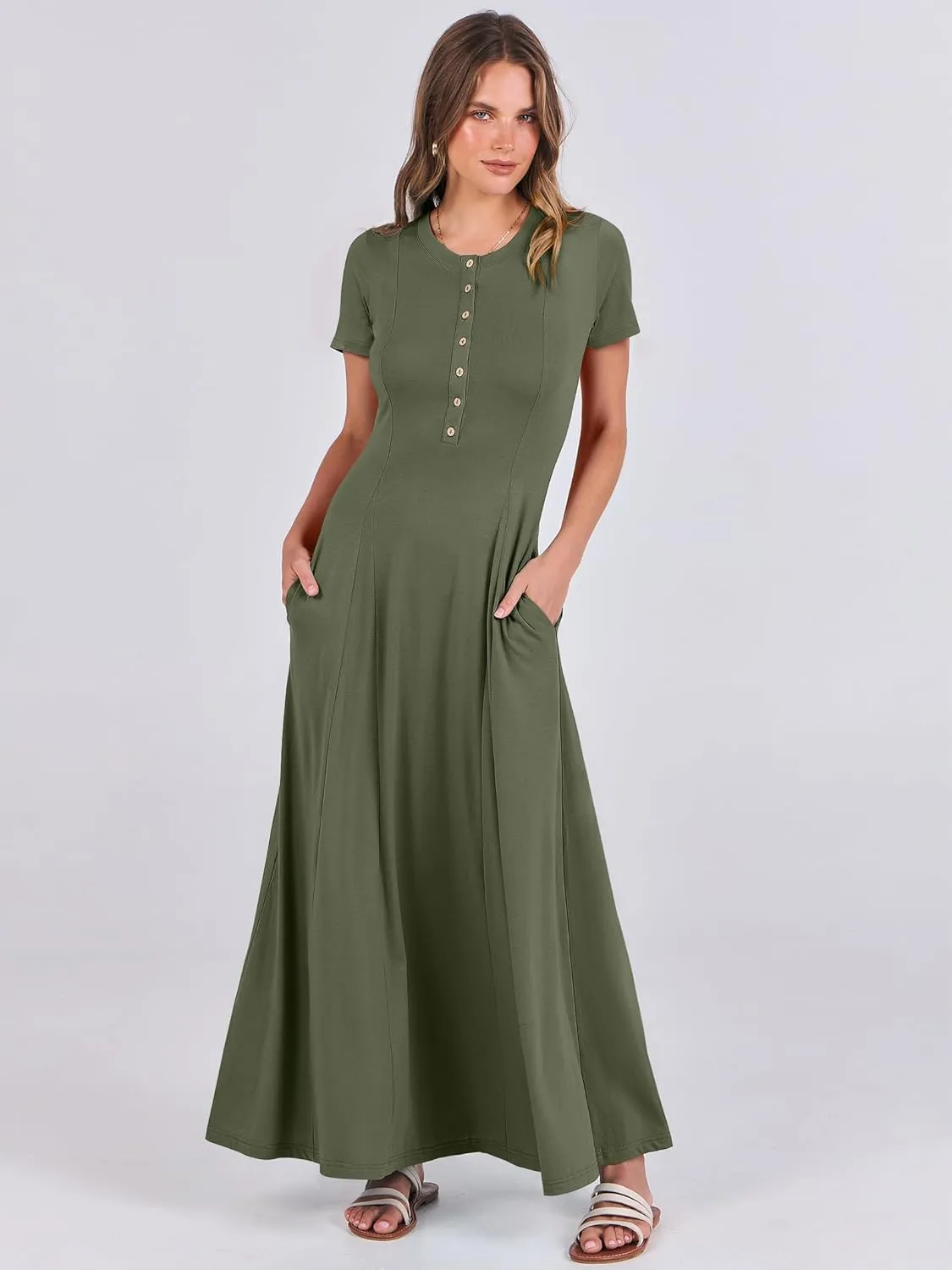 ANRABESS Women Summer Maxi Dress 2025 Casual Short Sleeve Button Fit & Flare A-Line Flowy Spring Long Dresses with Pockets