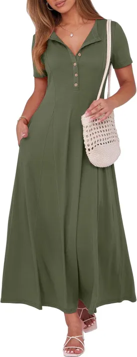 ANRABESS Women Summer Maxi Dress 2025 Casual Short Sleeve Button Fit & Flare A-Line Flowy Spring Long Dresses with Pockets