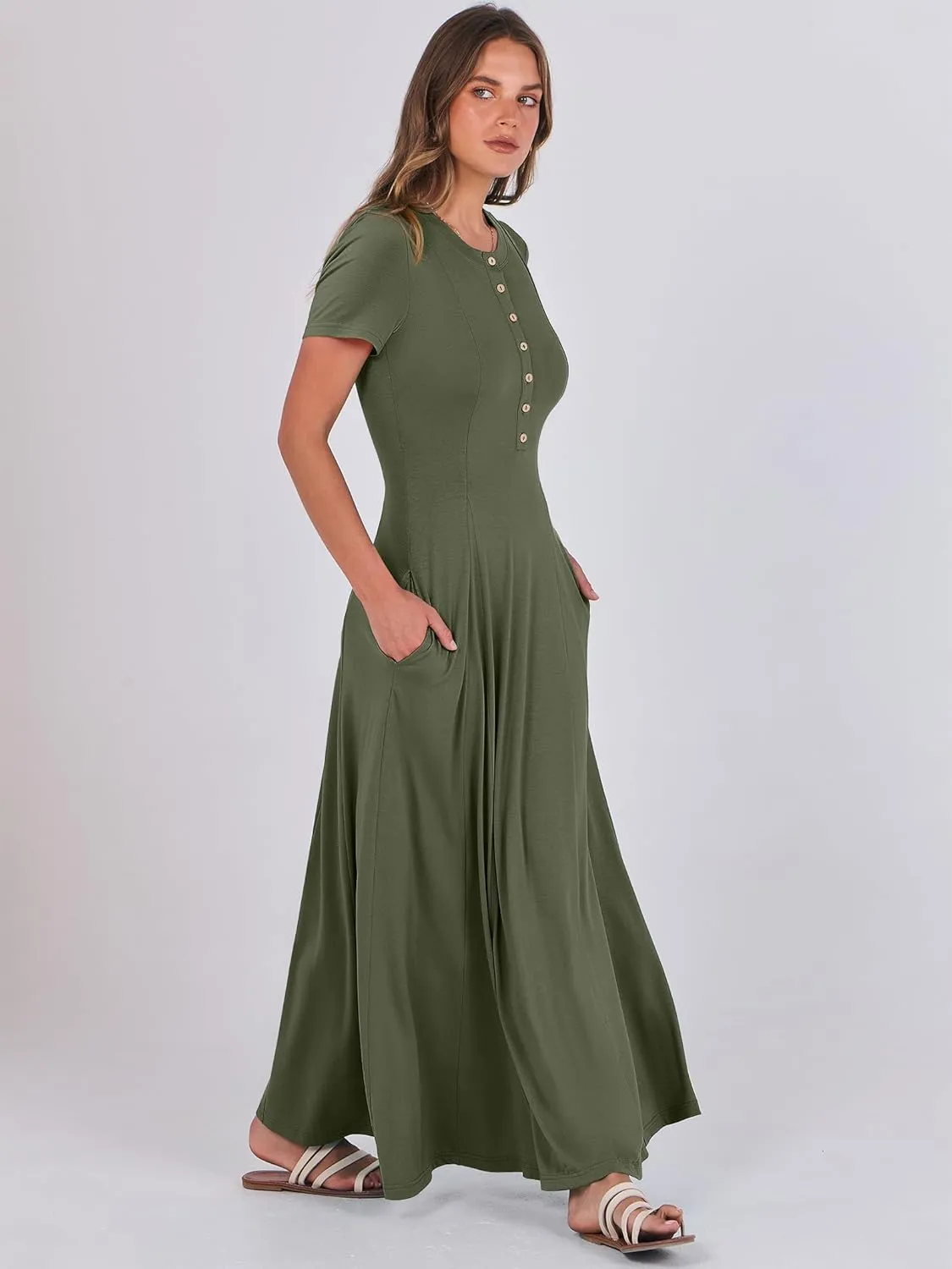 ANRABESS Women Summer Maxi Dress 2025 Casual Short Sleeve Button Fit & Flare A-Line Flowy Spring Long Dresses with Pockets