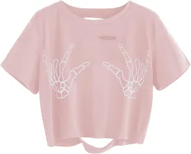 Avanova Women Skull Finger Graphic Distressed Tee Shirt Ripped Short Sleeve Crop Tops