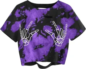 Avanova Women Skull Finger Graphic Distressed Tee Shirt Ripped Short Sleeve Crop Tops