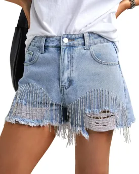EMMIOL Womens Jean Shorts Rhinestones Fringe Short Jeans Mid-Low Rise Distressed Denim Hot Pants Summer Jorts