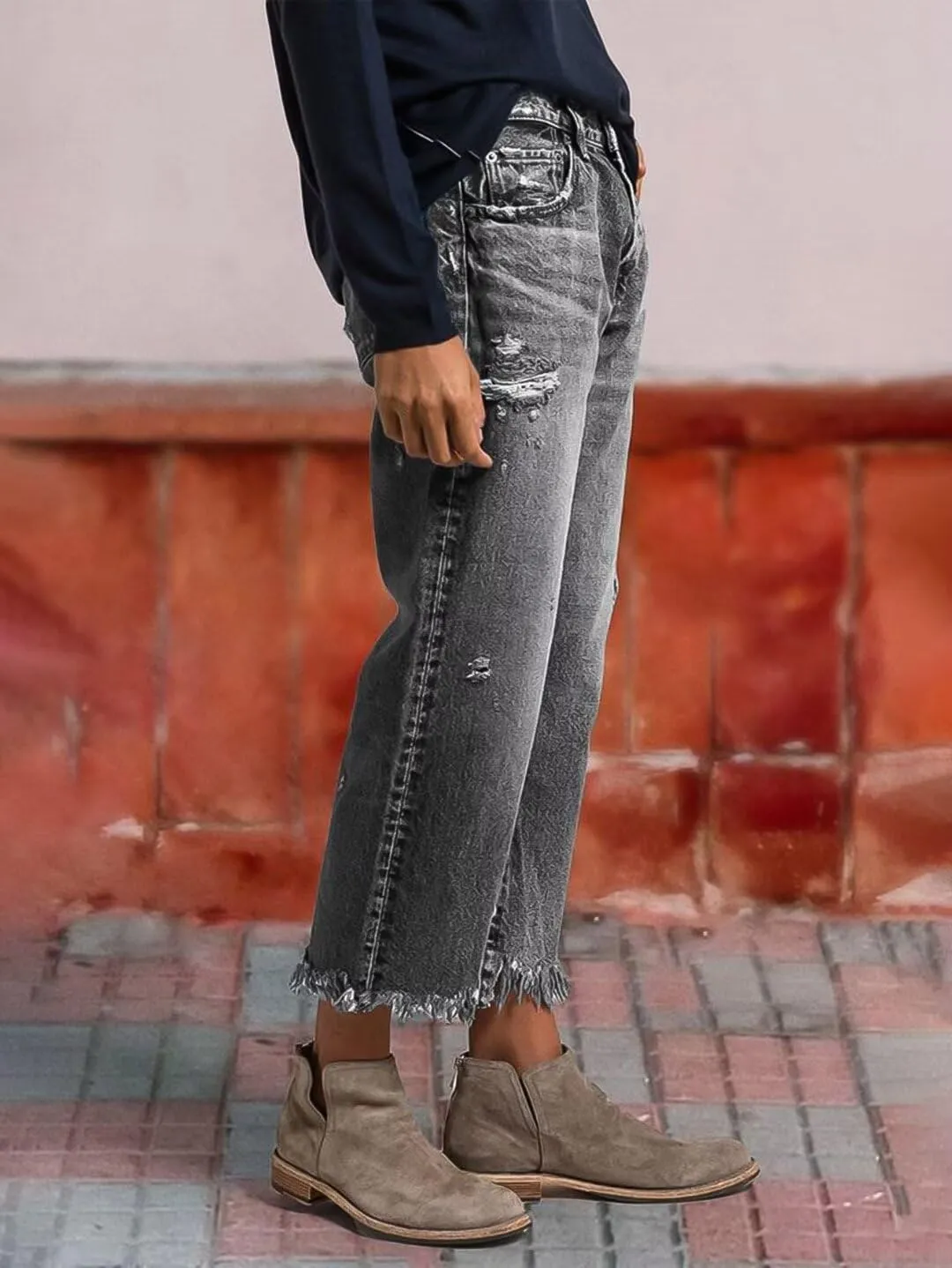 Flamingals Straight Leg Mid Rise Ripped Wash Raw Hem Casual Denim Bootcut Barrel Pants