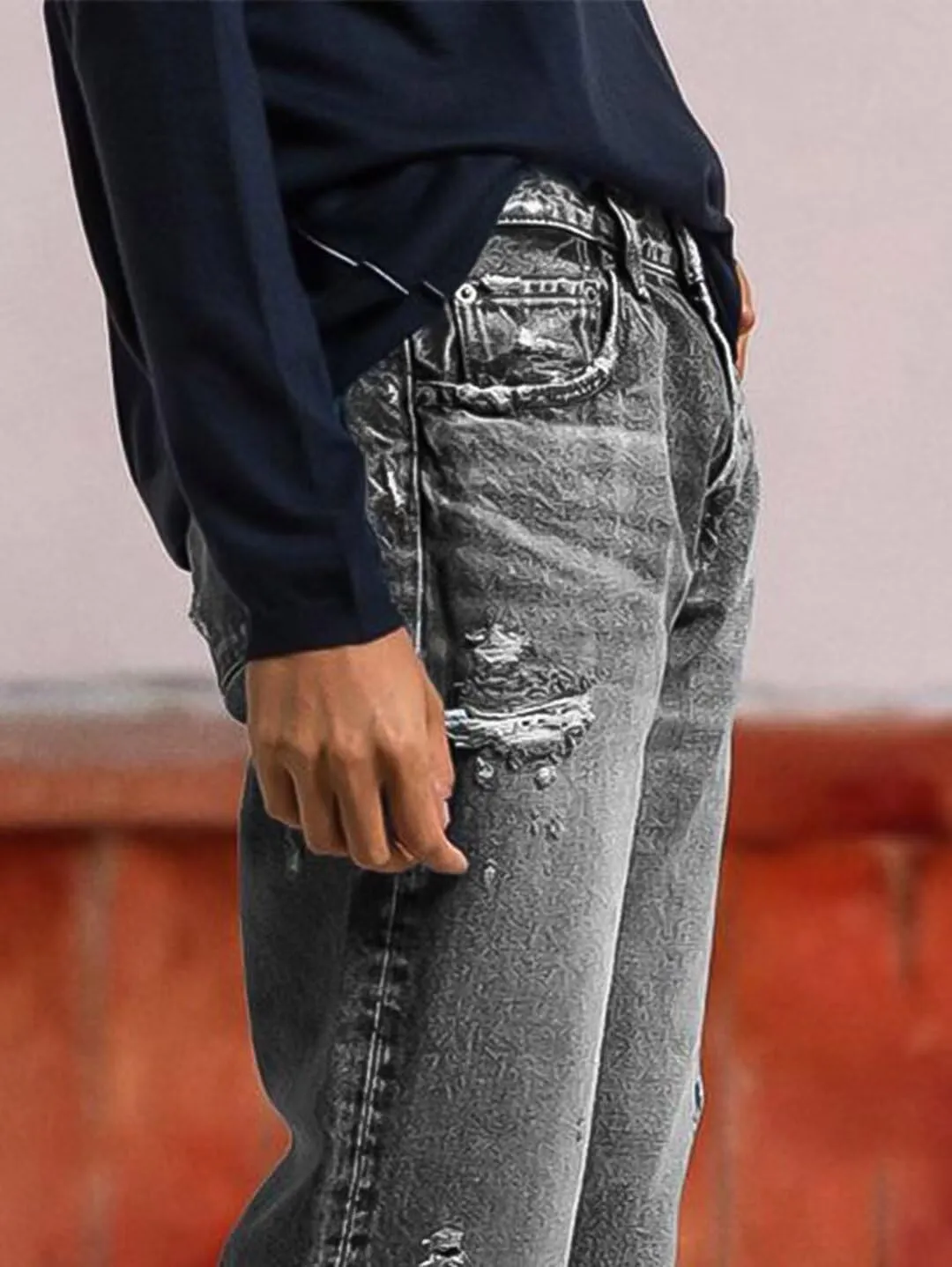 Flamingals Straight Leg Mid Rise Ripped Wash Raw Hem Casual Denim Bootcut Barrel Pants