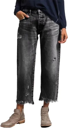 Flamingals Straight Leg Mid Rise Ripped Wash Raw Hem Casual Denim Bootcut Barrel Pants