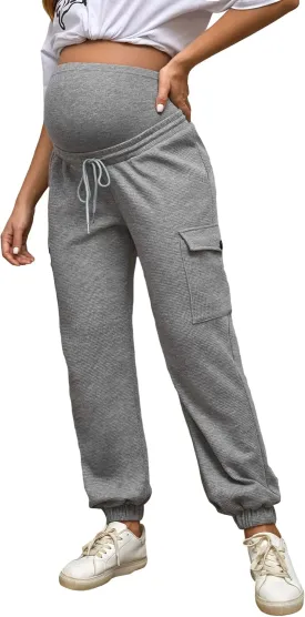 Floerns Women's Maternity Drawstring High Waist Solid Ripped Sweatpants