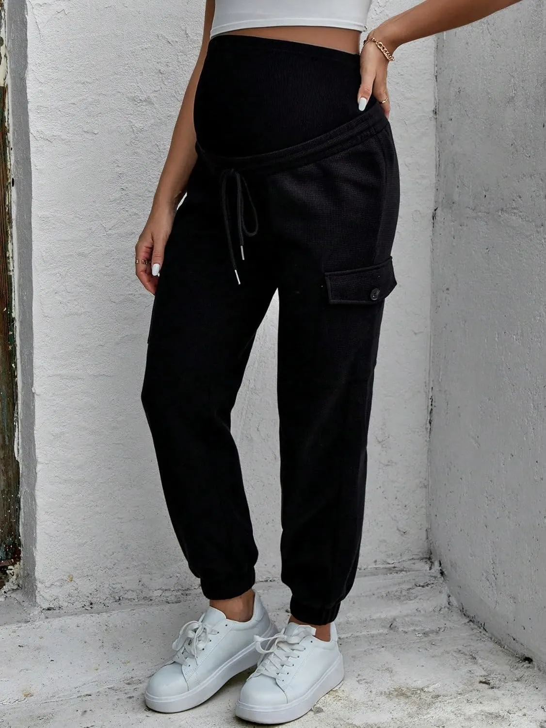 Floerns Women's Maternity Drawstring High Waist Solid Ripped Sweatpants