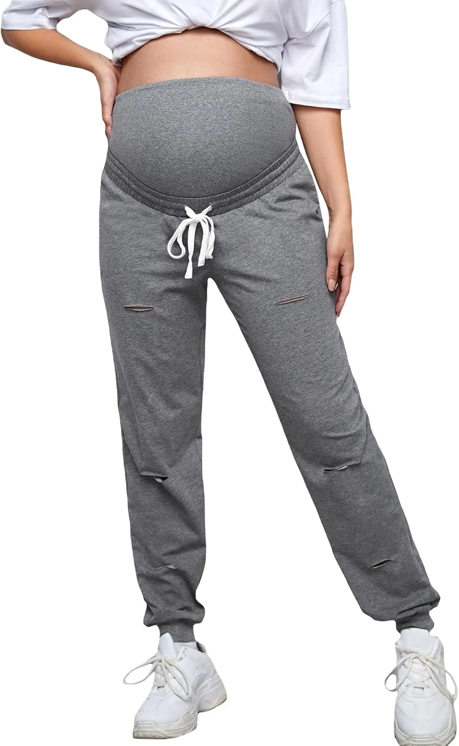 Floerns Women's Maternity Drawstring High Waist Solid Ripped Sweatpants