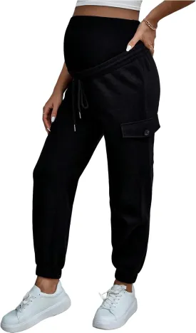 Floerns Women's Maternity Drawstring High Waist Solid Ripped Sweatpants