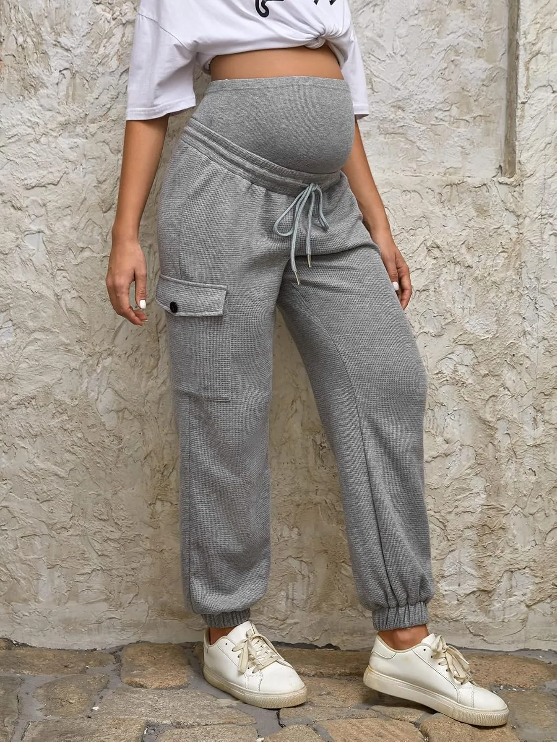 Floerns Women's Maternity Drawstring High Waist Solid Ripped Sweatpants