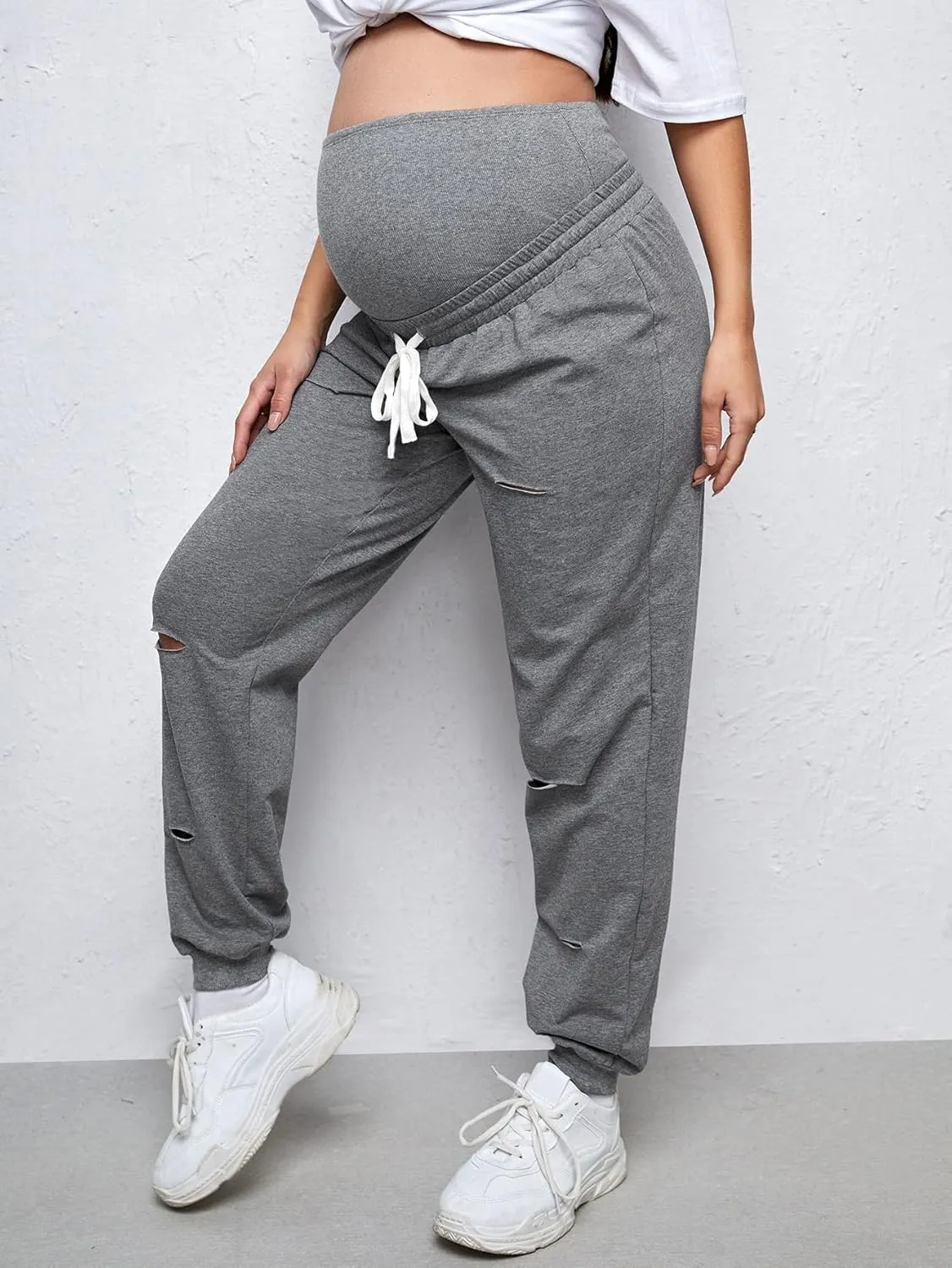 Floerns Women's Maternity Drawstring High Waist Solid Ripped Sweatpants