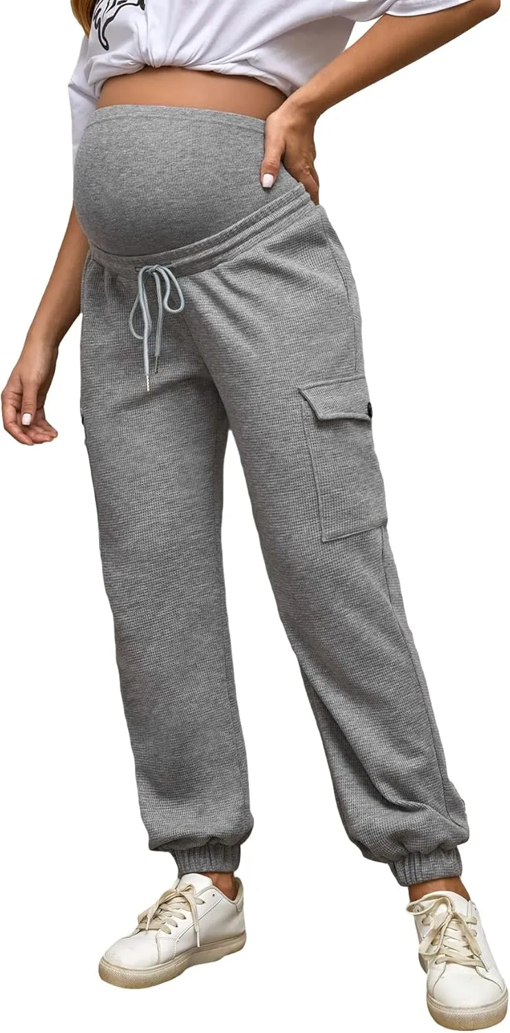 Floerns Women's Maternity Drawstring High Waist Solid Ripped Sweatpants