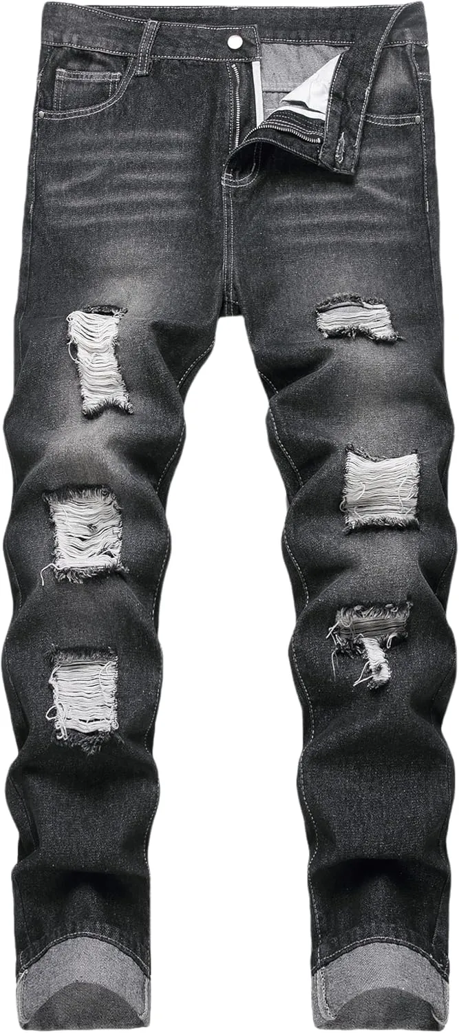FREDD MARSHALL Ripped Jeans Men,Jeans for Mens,Slim Fit Distressed Straight Leg Fashion Washed Pants