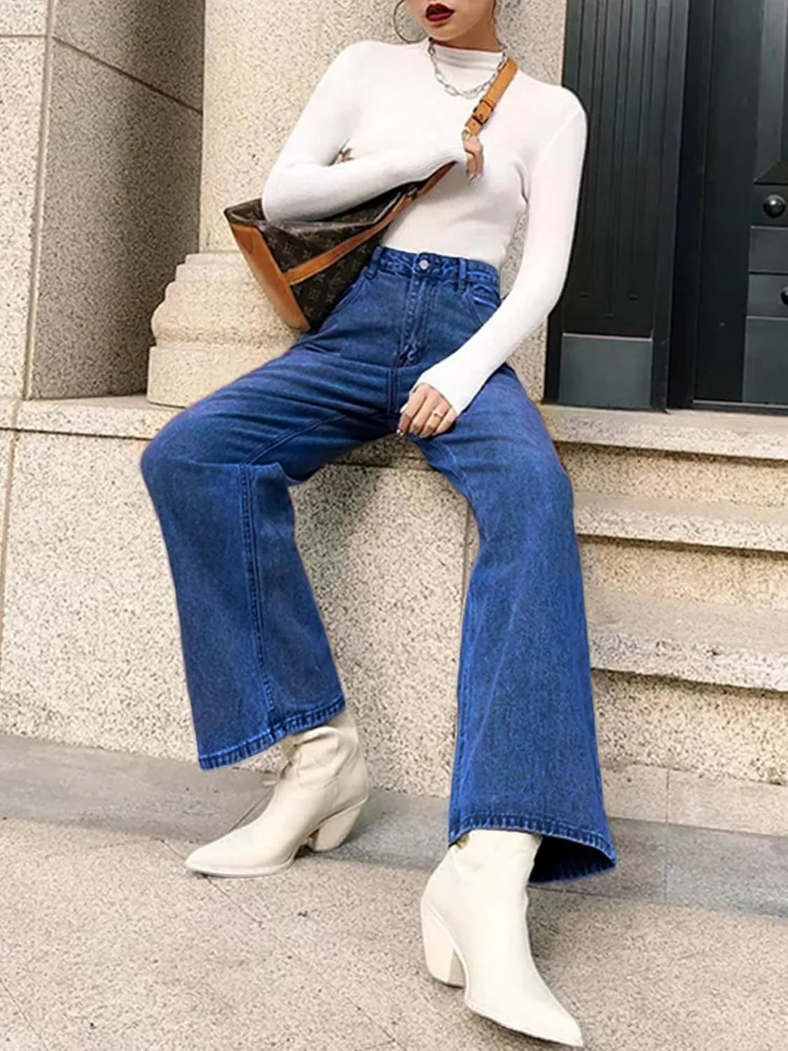 HDLTE Women Ripped Boyfriends Jeans Distressed High Waist Baggy Denim Pants Wide Leg Straight Trousers Y2k Streetwear Pants