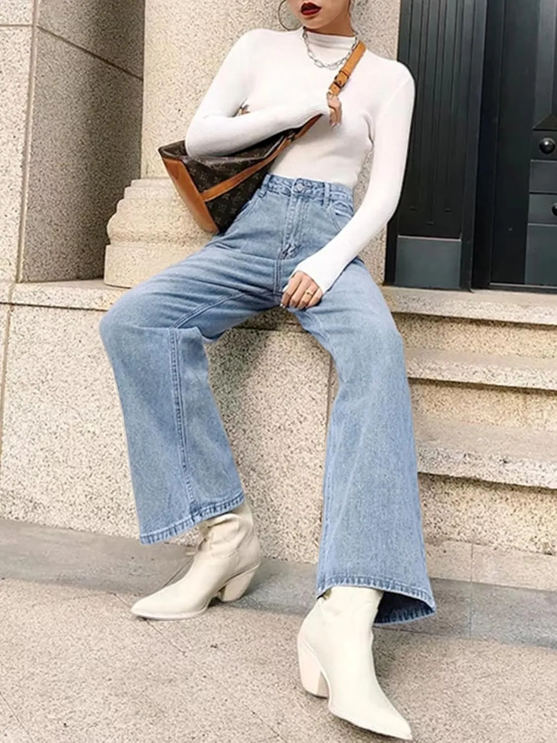 HDLTE Women Ripped Boyfriends Jeans Distressed High Waist Baggy Denim Pants Wide Leg Straight Trousers Y2k Streetwear Pants