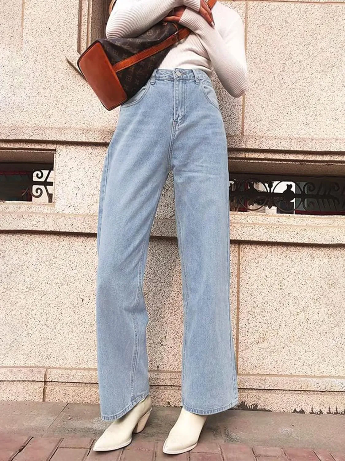 HDLTE Women Ripped Boyfriends Jeans Distressed High Waist Baggy Denim Pants Wide Leg Straight Trousers Y2k Streetwear Pants