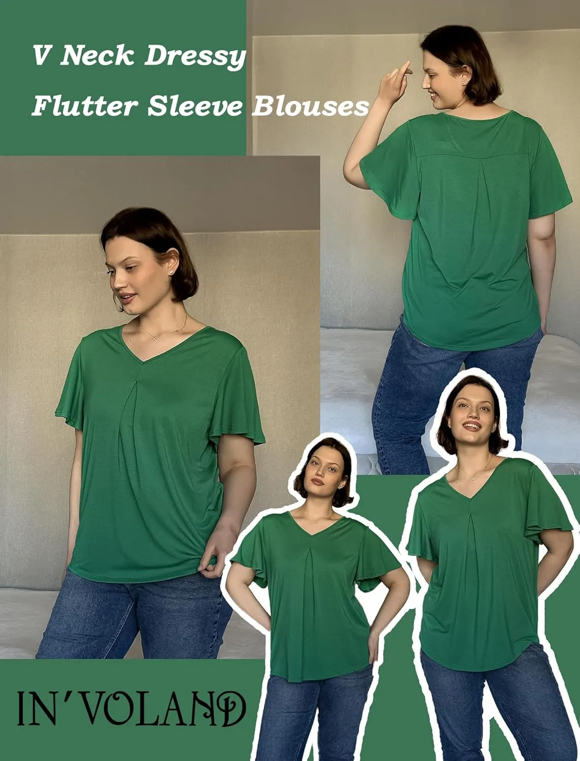 IN'VOLAND Womens Plus Size Tops Summer Short Sleeve Tunic V Neck Dressy Flutter Sleeve Blouses Work Tops Casual T-Shirts