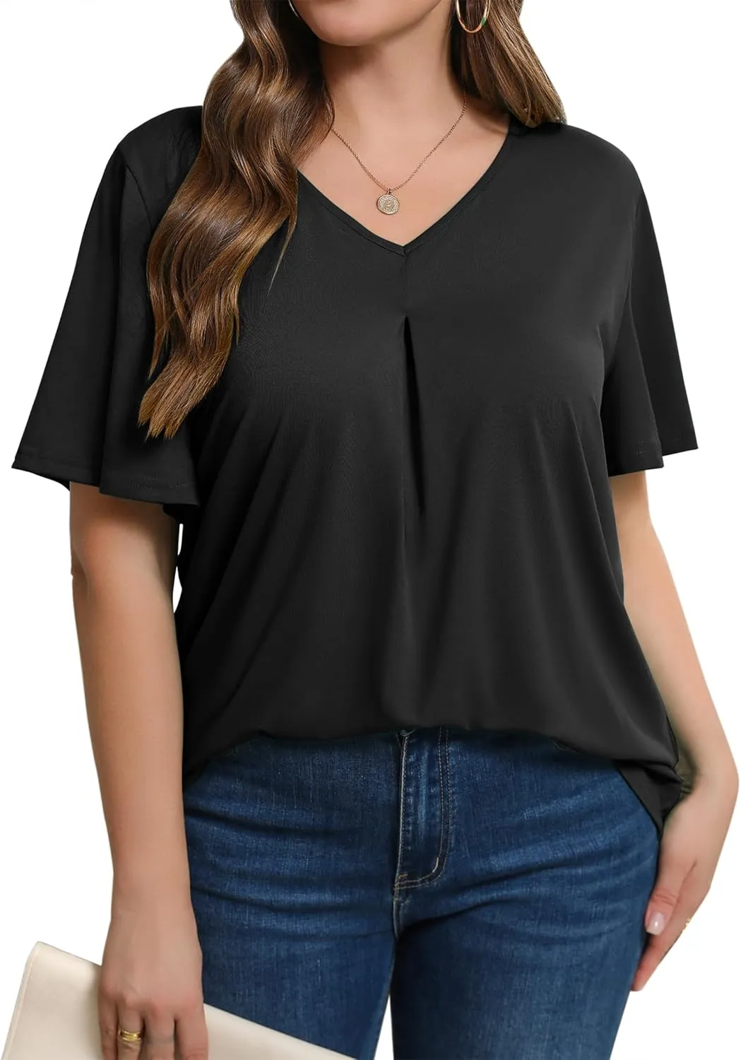 IN'VOLAND Womens Plus Size Tops Summer Short Sleeve Tunic V Neck Dressy Flutter Sleeve Blouses Work Tops Casual T-Shirts