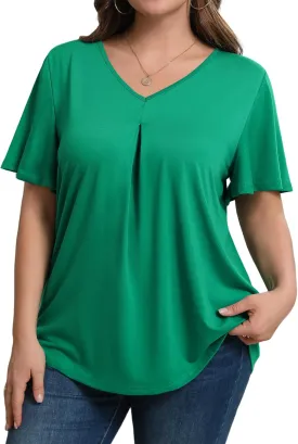 IN'VOLAND Womens Plus Size Tops Summer Short Sleeve Tunic V Neck Dressy Flutter Sleeve Blouses Work Tops Casual T-Shirts