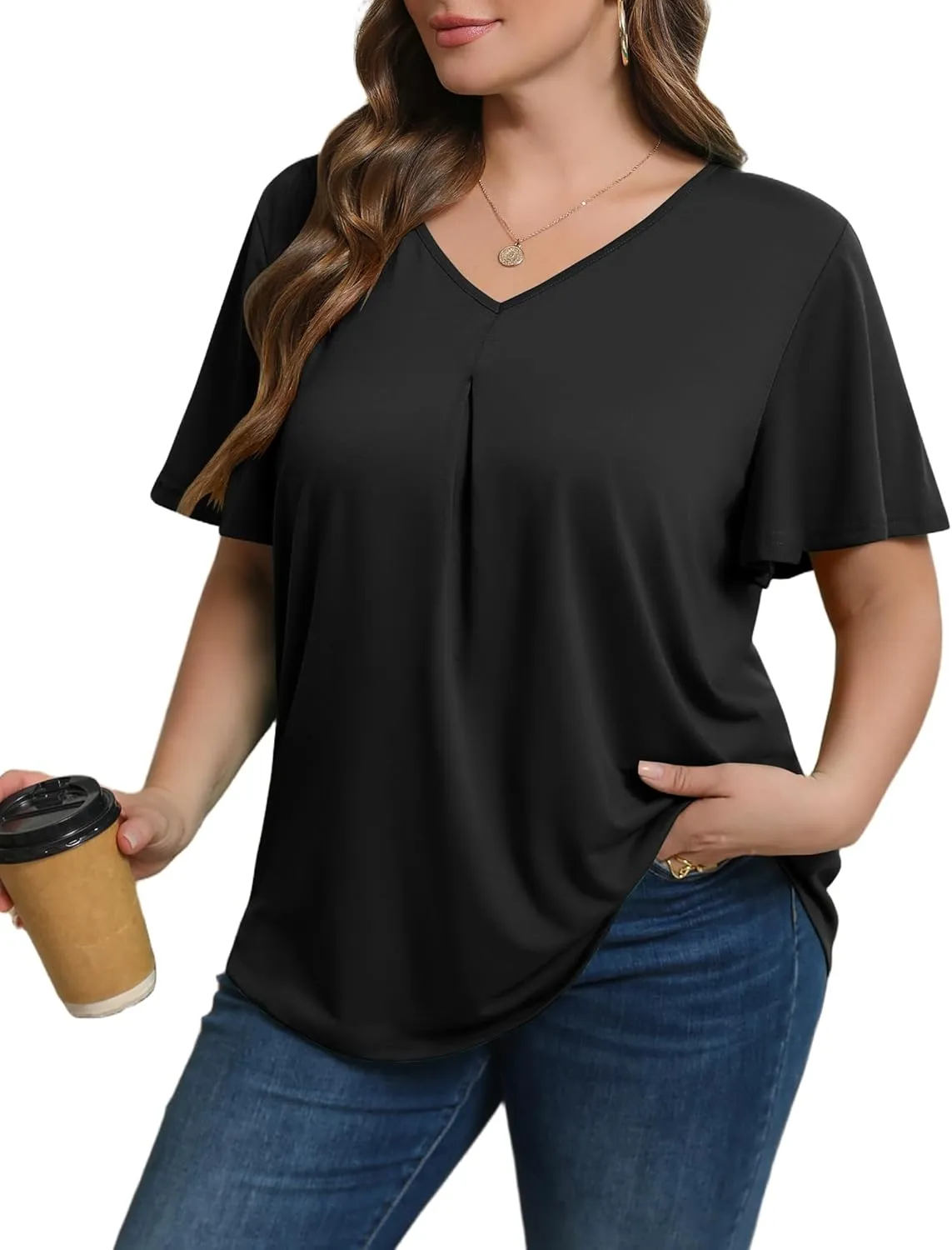 IN'VOLAND Womens Plus Size Tops Summer Short Sleeve Tunic V Neck Dressy Flutter Sleeve Blouses Work Tops Casual T-Shirts