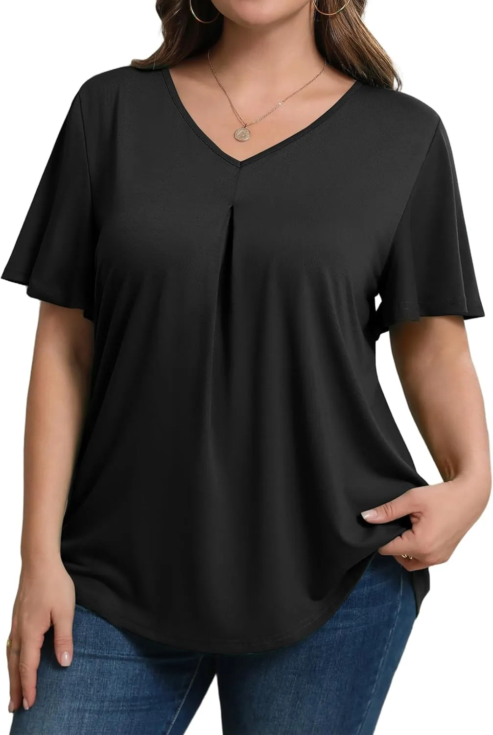 IN'VOLAND Womens Plus Size Tops Summer Short Sleeve Tunic V Neck Dressy Flutter Sleeve Blouses Work Tops Casual T-Shirts