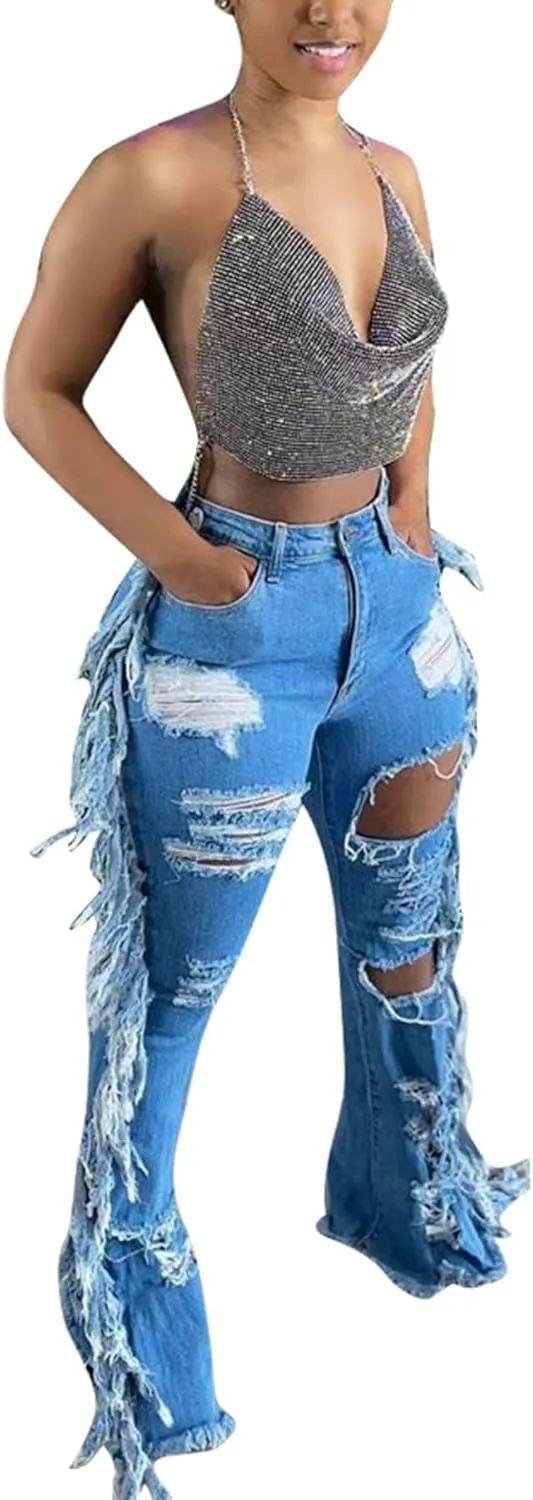 Lucuna Women's High Waisted Ripped Jeans Cut Out Destroyed Frayed Tassels Distressed Denim Pants