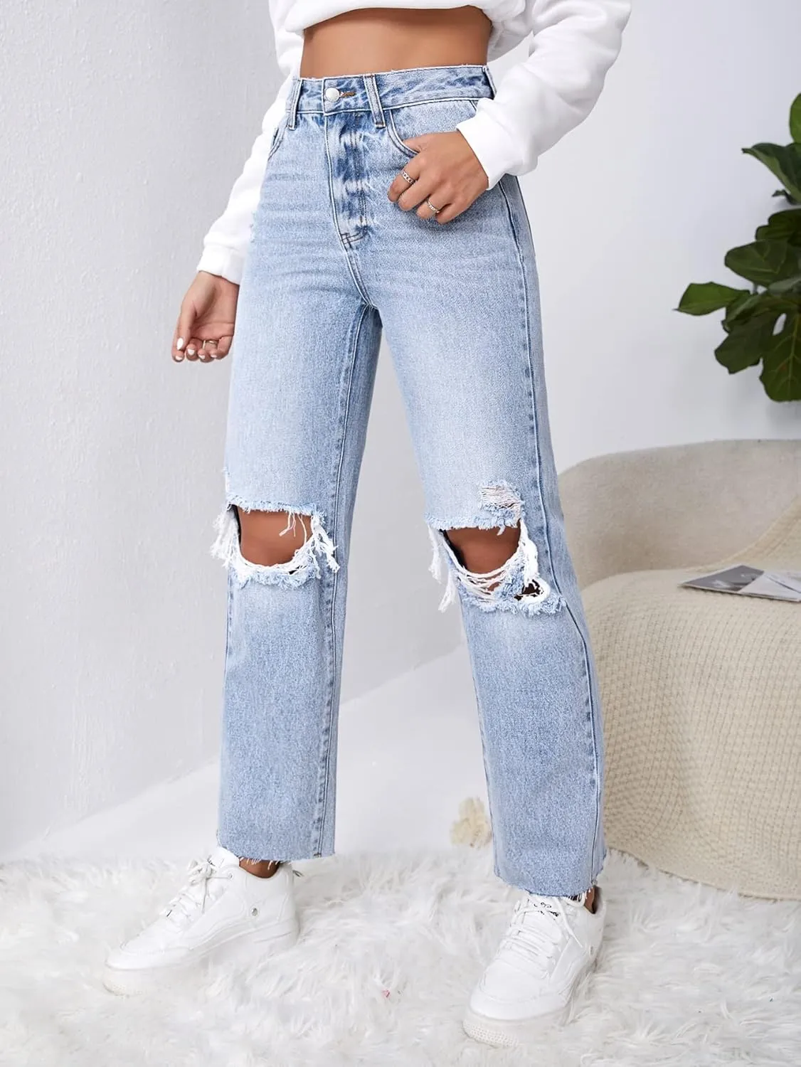 MakeMeChic womens Straight Leg,ripped