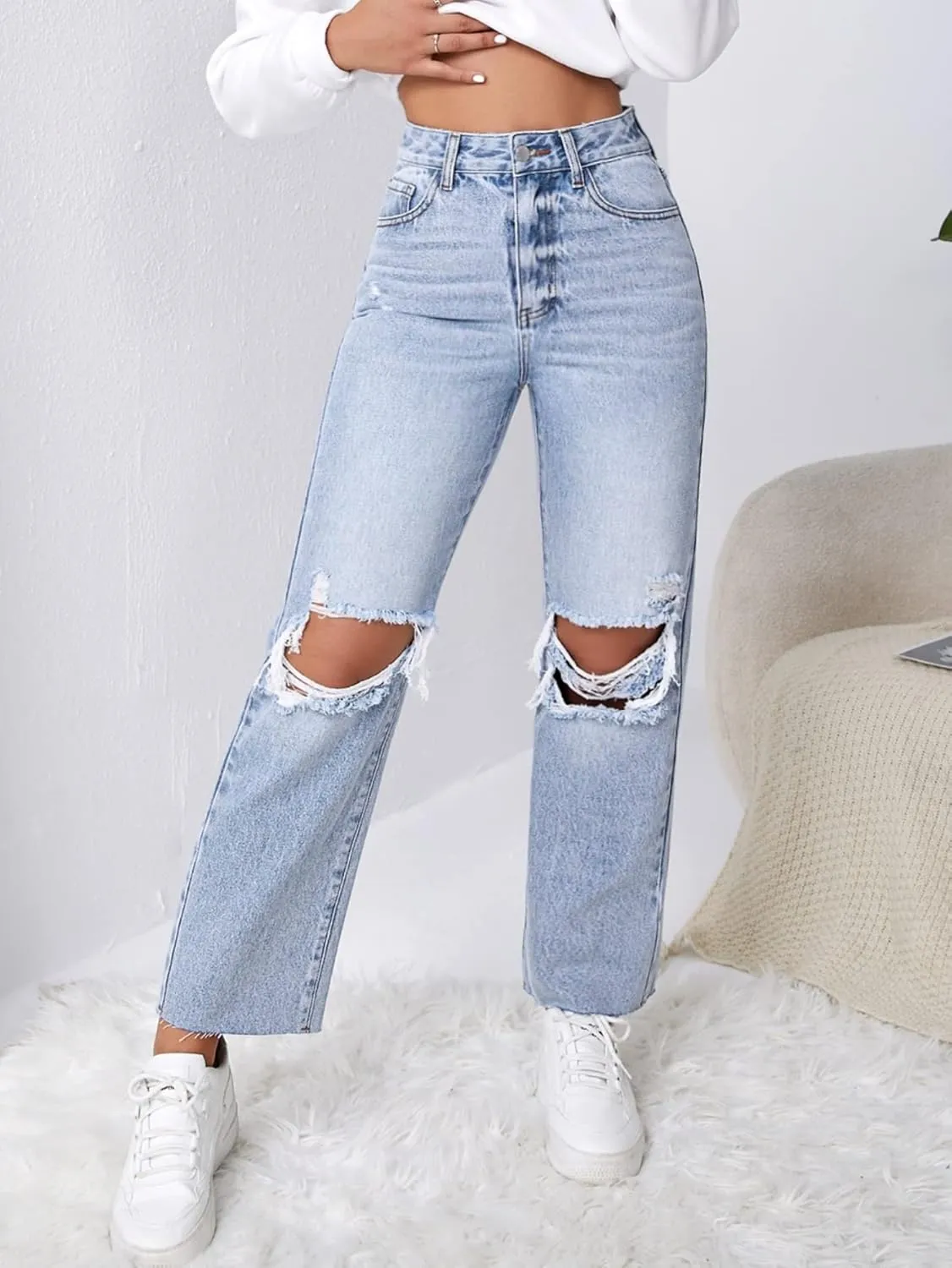 MakeMeChic womens Straight Leg,ripped