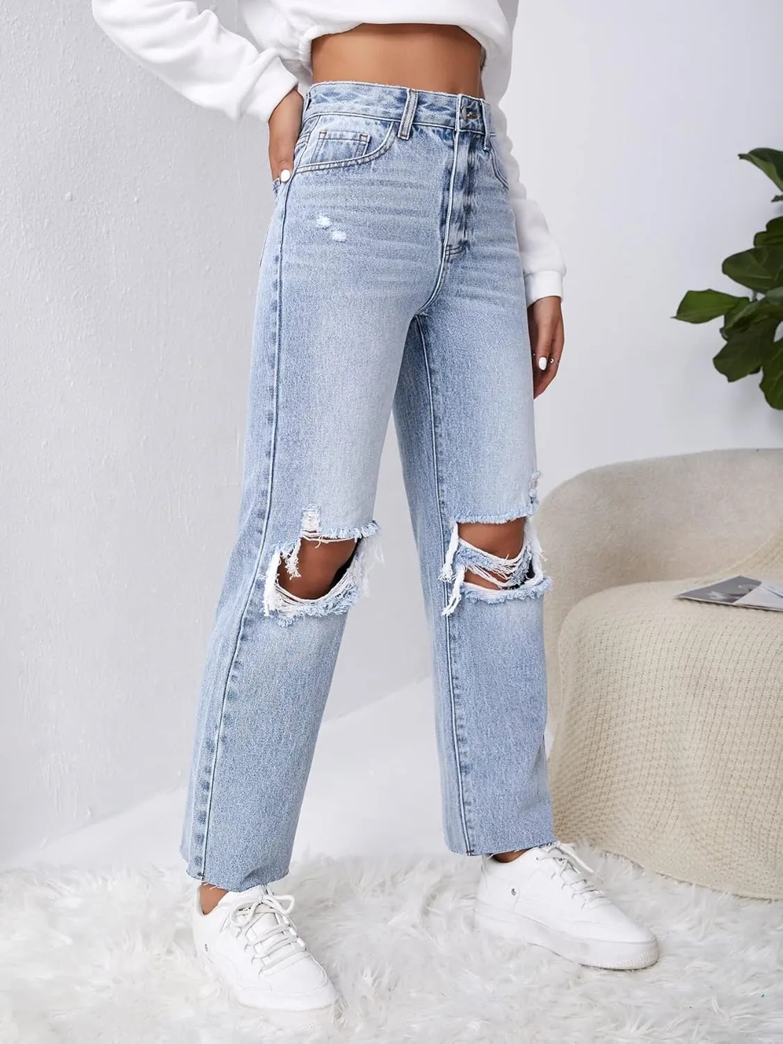 MakeMeChic womens Straight Leg,ripped