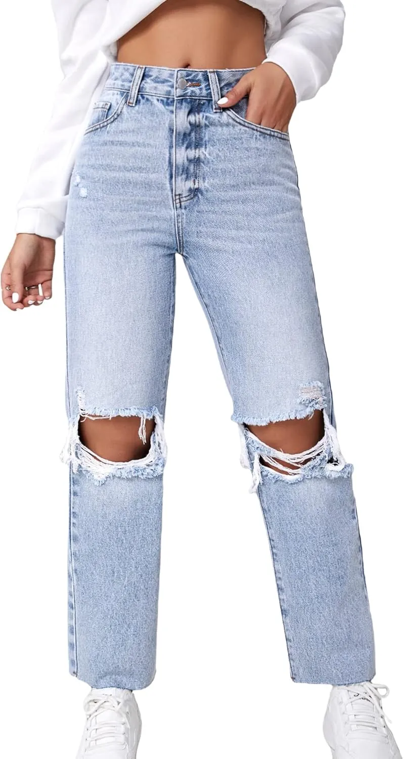MakeMeChic womens Straight Leg,ripped