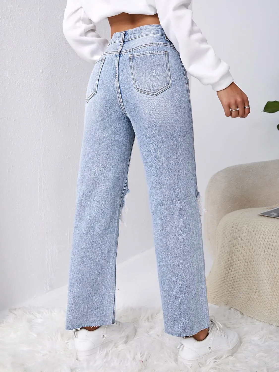 MakeMeChic womens Straight Leg,ripped