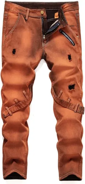 Men's Jeans Biker Straight Ripped Distressed Destroyed Denim Slim Casual Pants Stretch