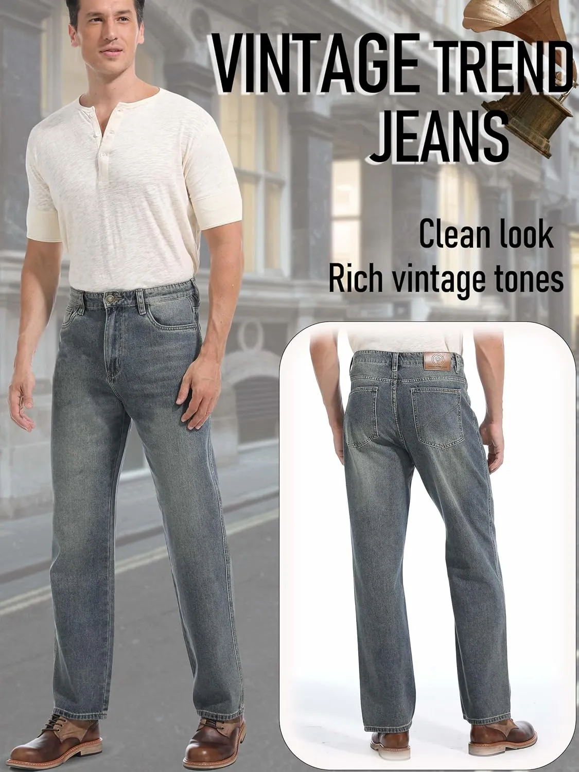 Men's Loose Fit Jeans Wide Leg Medium Weight Denim Pants Vintage Washed