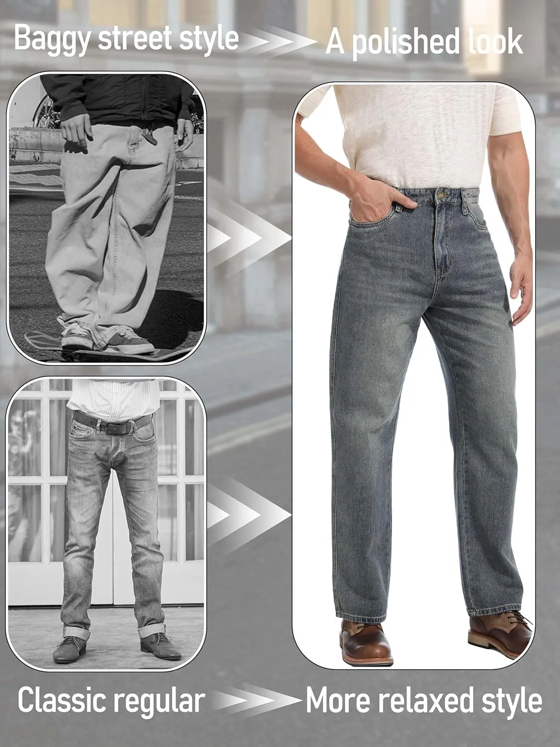Men's Loose Fit Jeans Wide Leg Medium Weight Denim Pants Vintage Washed